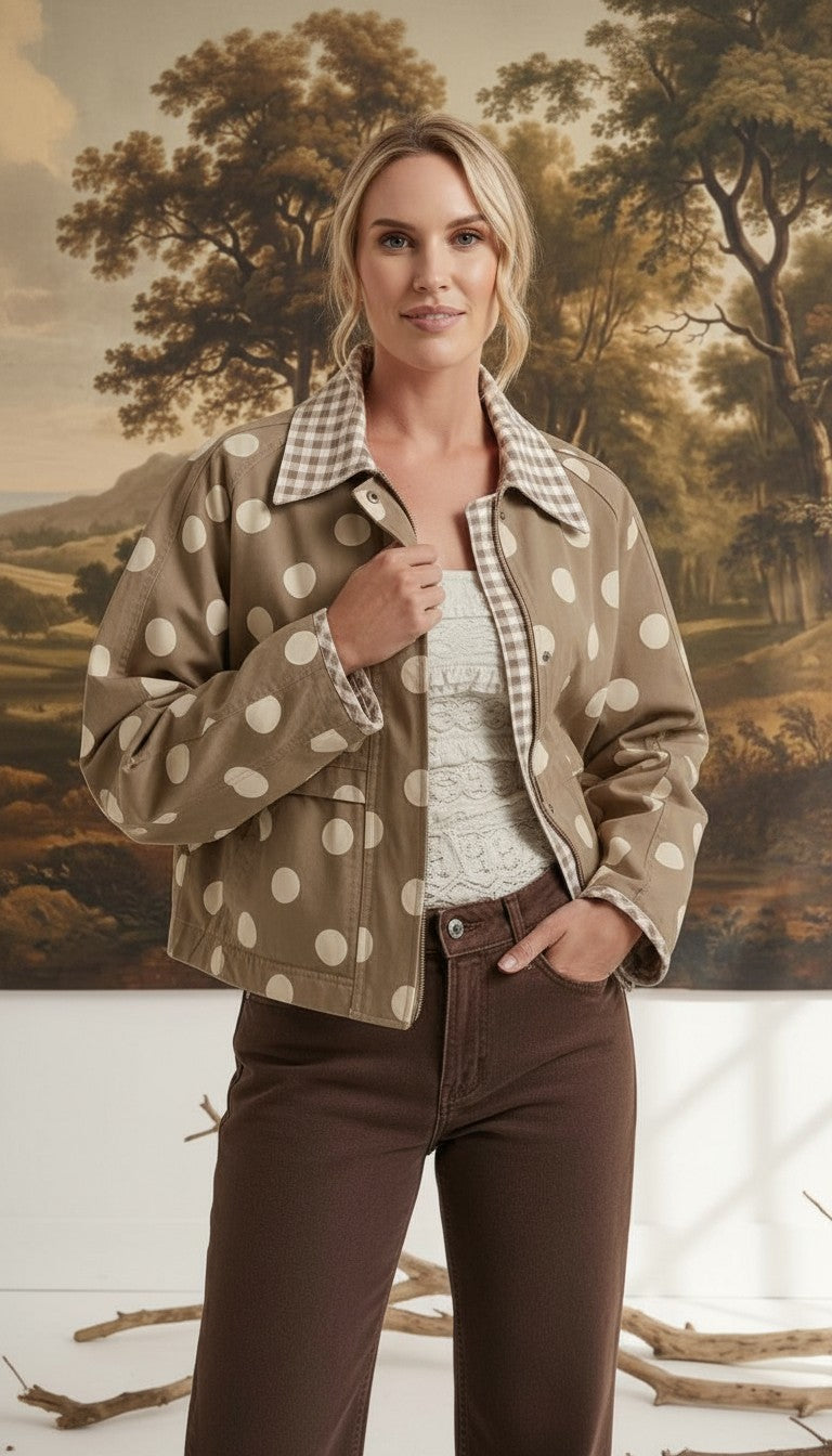 graced Julia canvas twill jacket in tan with white polka dots and a gingham collar worn by a blonde model