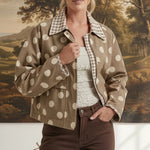 graced Julia canvas twill jacket in tan with white polka dots and a gingham collar worn by a blonde model
