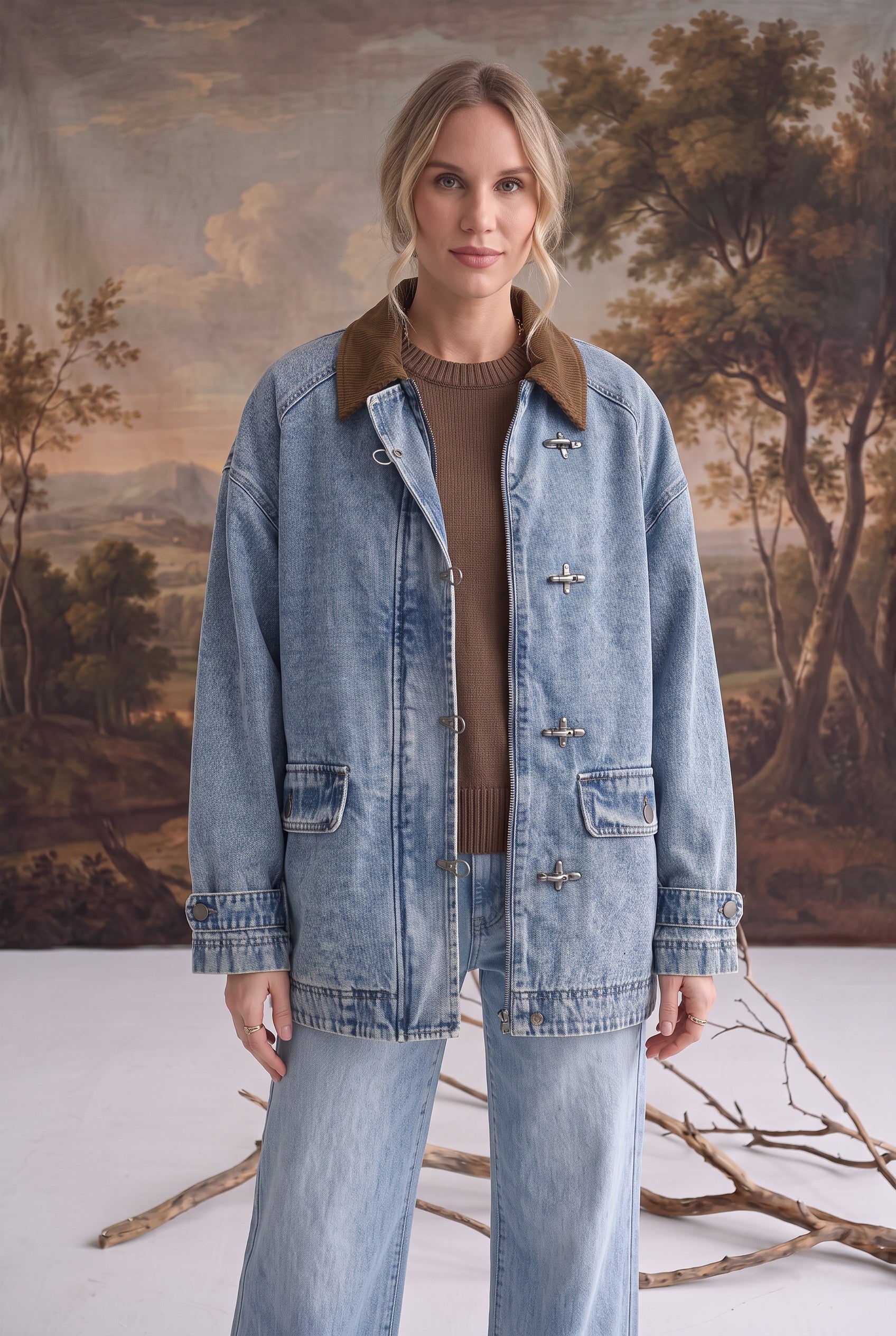graced Julie denim jacket with brown corduroy contrast collar and latch hook closures worn by a model