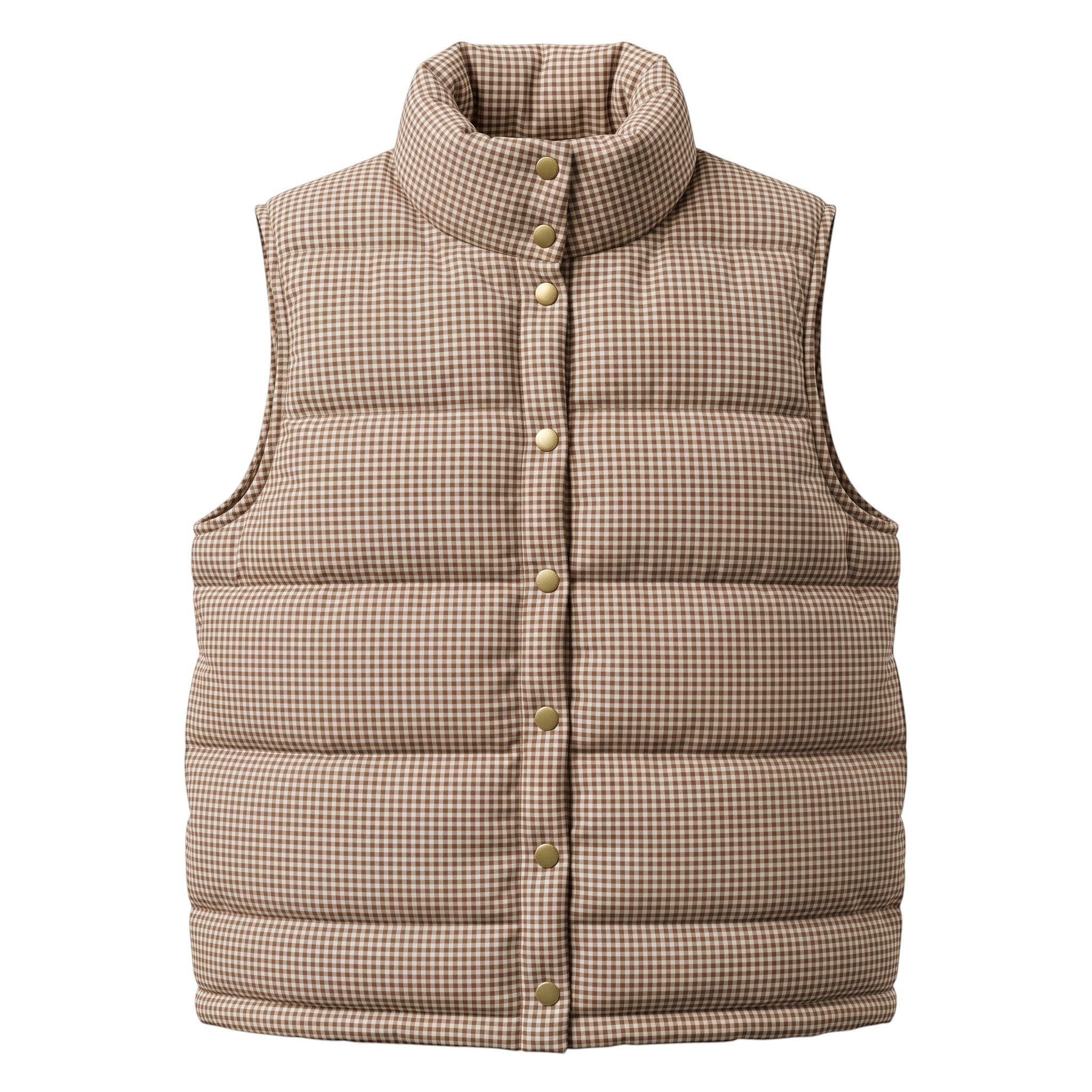 graced Karla Gingham Vest in brown and white checkered pattern with a high collar and gold snap button closure