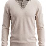 graced The Kate collared sweater in ivory and brown featuring a soft knit, v-neckline, and ribbed hem and cuffs.