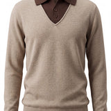 graced The Kate Collared Sweater in taupe and dark brown with a soft knit texture and ribbed hem