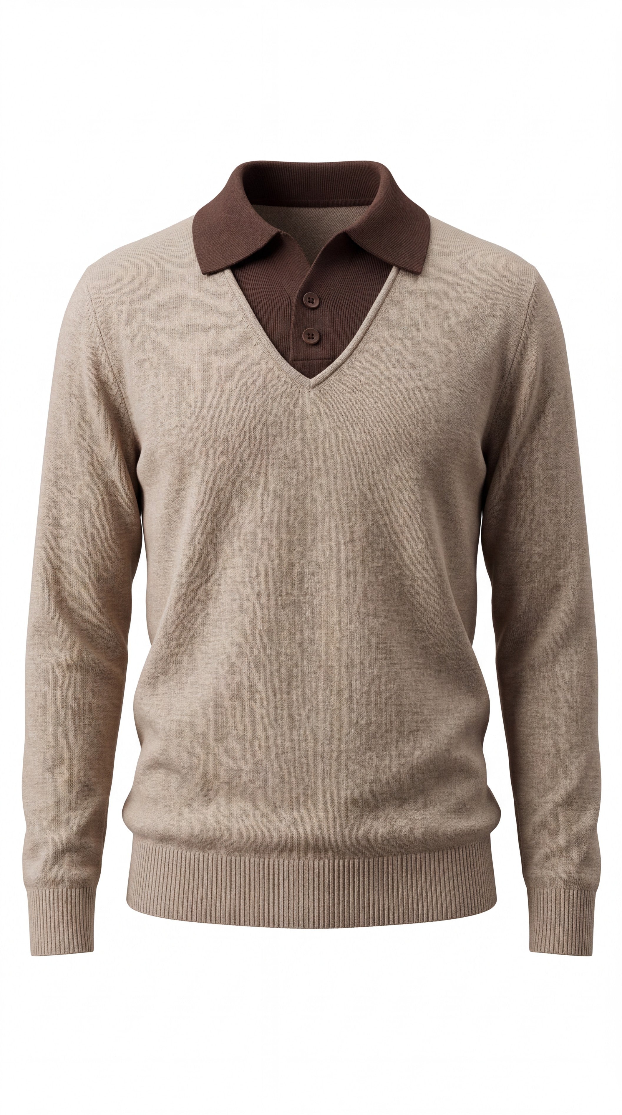 graced The Kate Collared Sweater in taupe and dark brown with a soft knit texture and ribbed hem
