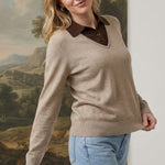 graced The Kate collared sweater in taupe and dark brown with a relaxed fit and ribbed cuffs worn by a woman