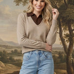 graced The Kate collared sweater in taupe and dark brown with a soft knit texture worn with light wash denim jeans