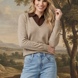 graced The Kate collared sweater in taupe and dark brown with a soft knit texture worn with light wash denim jeans