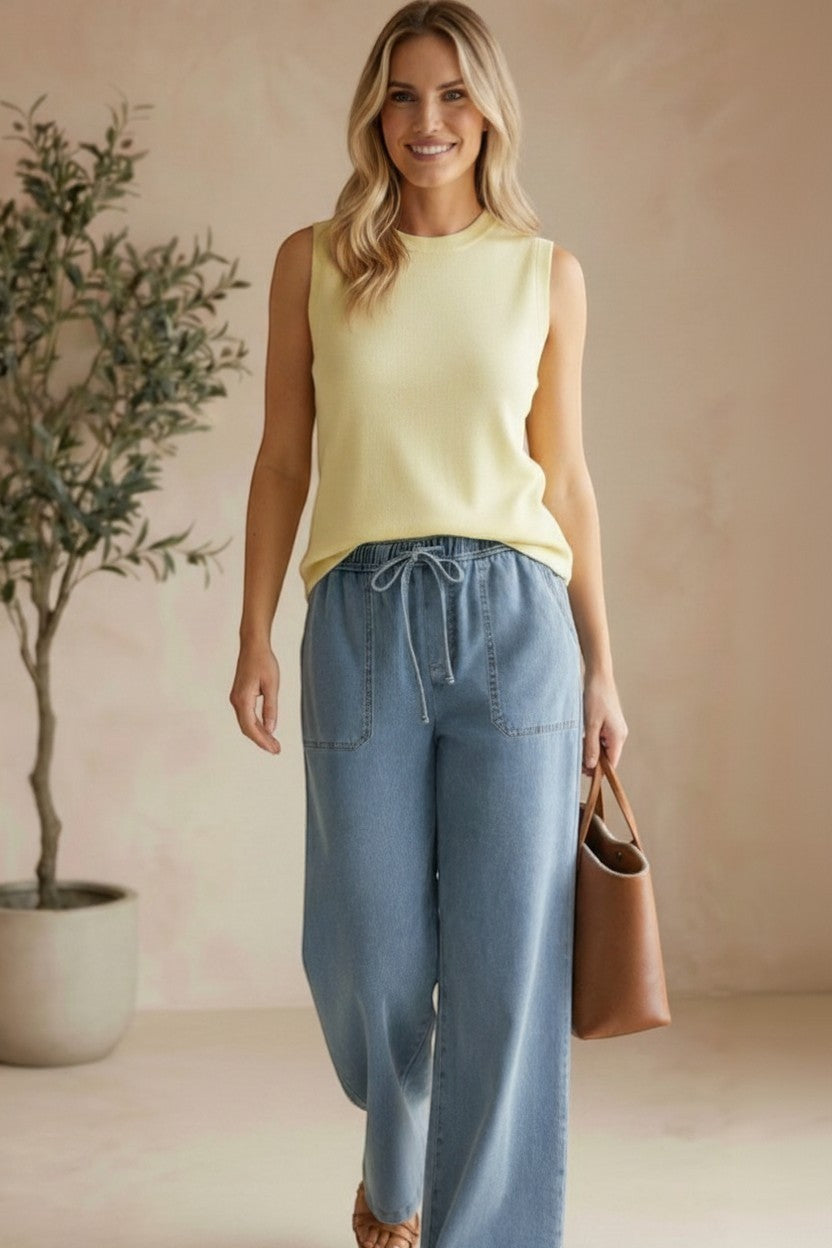 Be Cool knit denim wide-leg pants, stylish bottoms with a relaxed fit and textured fabric, shown on a model.