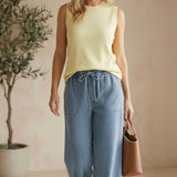 Be Cool knit denim wide-leg pants, stylish bottoms with a relaxed fit and textured fabric, shown on a model.