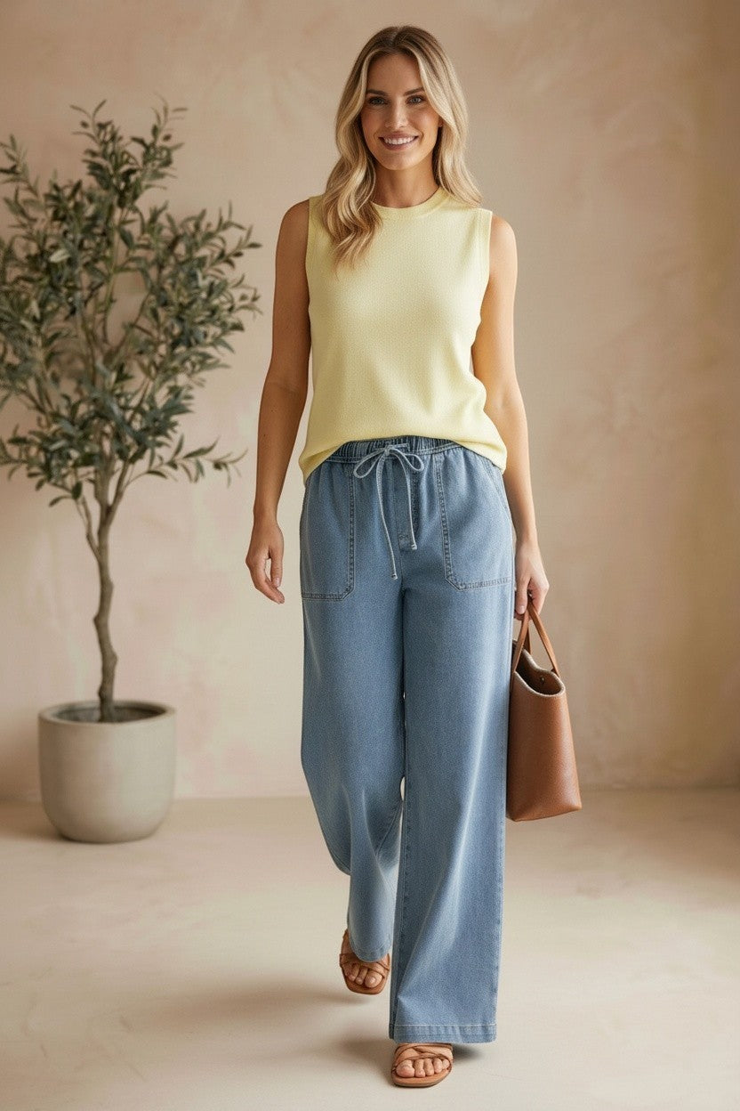 Be Cool knit denim wide-leg pants featuring a relaxed fit and textured fabric, shown in a stylish, casual design.