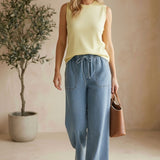 Be Cool knit denim wide-leg pants featuring a relaxed fit and textured fabric, shown in a stylish, casual design.
