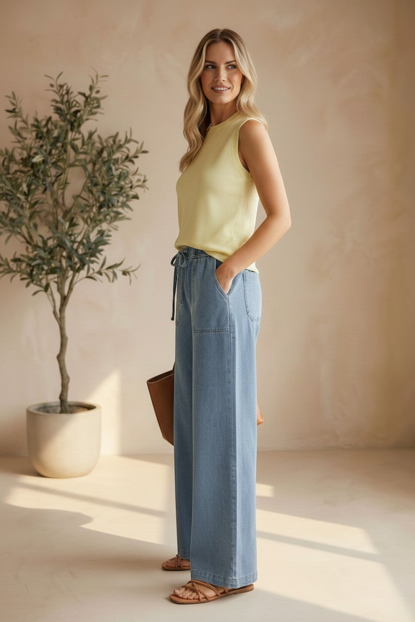 Be Cool knit denim wide-leg pants, stylish bottoms with a relaxed fit, shown in a natural pose.