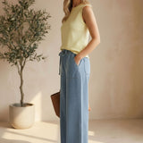 Be Cool knit denim wide-leg pants, stylish bottoms with a relaxed fit, shown in a natural pose.