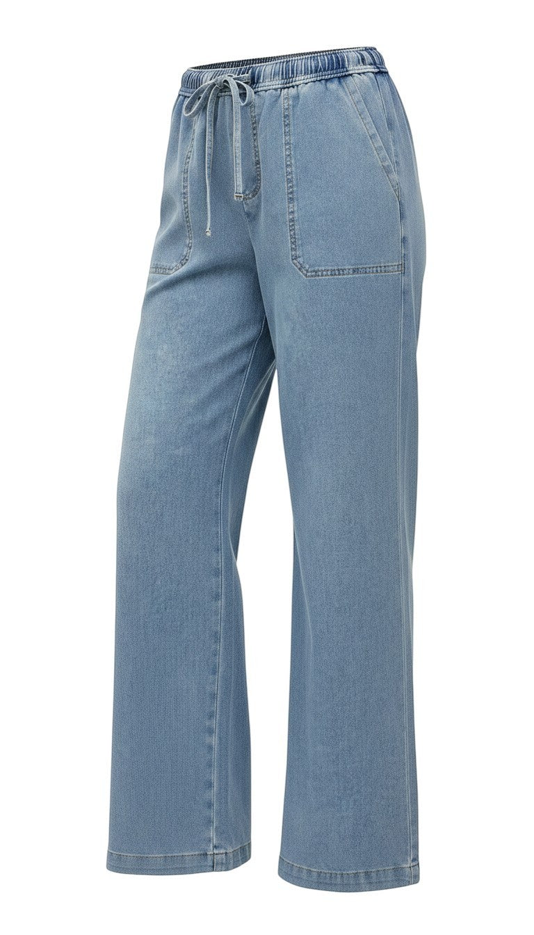 Be Cool knit denim wide-leg pants, stylish bottoms with a relaxed fit, featuring a textured knit fabric and wide-leg silhouette.