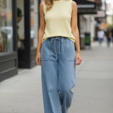 Be Cool knit denim wide-leg pants, stylish casual bottoms with a relaxed fit and wide-leg silhouette, shown in the product image.