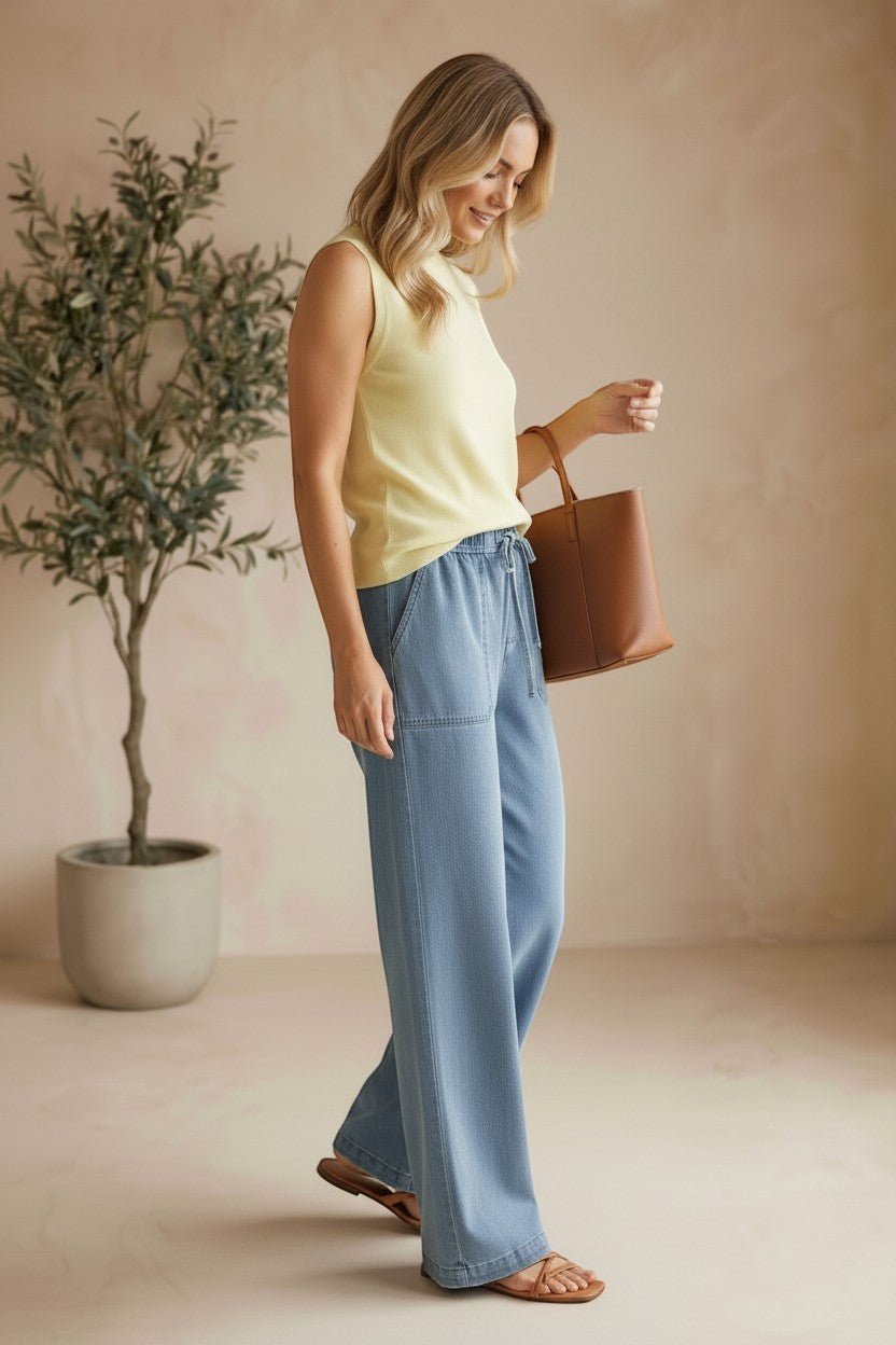 Be Cool knit denim wide-leg pants, stylish bottoms with a relaxed fit and textured knit fabric, shown on a model.