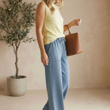 Be Cool knit denim wide-leg pants, stylish bottoms with a relaxed fit and textured knit fabric, shown on a model.