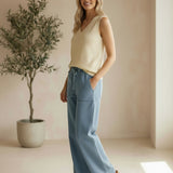 Be Cool Knit V-neck tank top in natural color, close-up view showing soft knit fabric and V-shaped neckline.