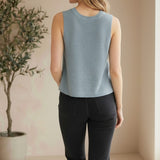 Be Cool knit V-neck tank top in denim fabric, featuring a stylish V neckline and sleeveless design for casual wear.