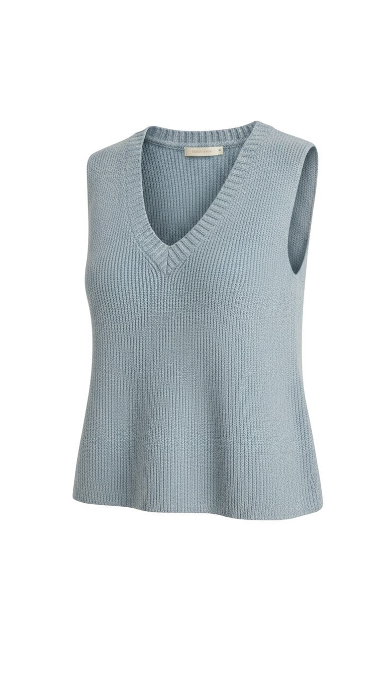 Be Cool knit V-neck tank top in denim fabric, featuring a stylish sleeveless design and comfortable fit.
