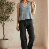 Be Cool Knit V-neck tank top in denim fabric, featuring a stylish and comfortable sleeveless design for casual wear.