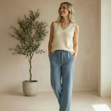 Be Cool knit V-neck tank top in natural color, close-up of soft, textured fabric and stylish V-neck design.
