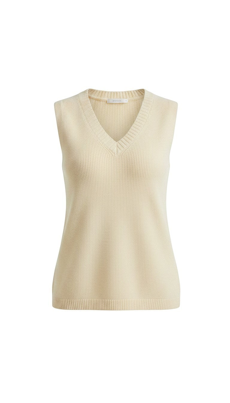 Be Cool Knit V-neck tank top in natural color, close-up of soft, lightweight knit fabric and V-neck design.