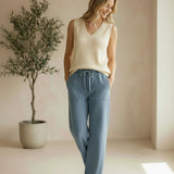 Be Cool natural knit V-neck tank top, lightweight and comfortable, close-up of the soft fabric and V-neck design.