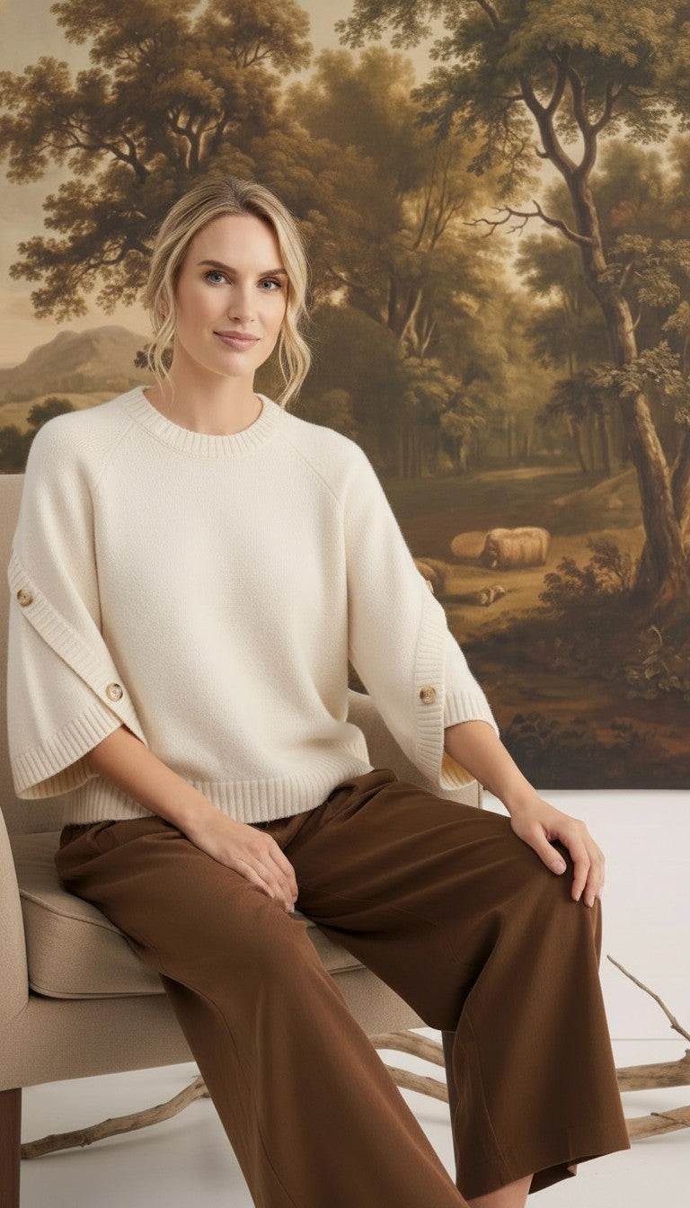 graced The Layla cream knit top with button-detailed sleeves, worn by a model in a relaxed fit.