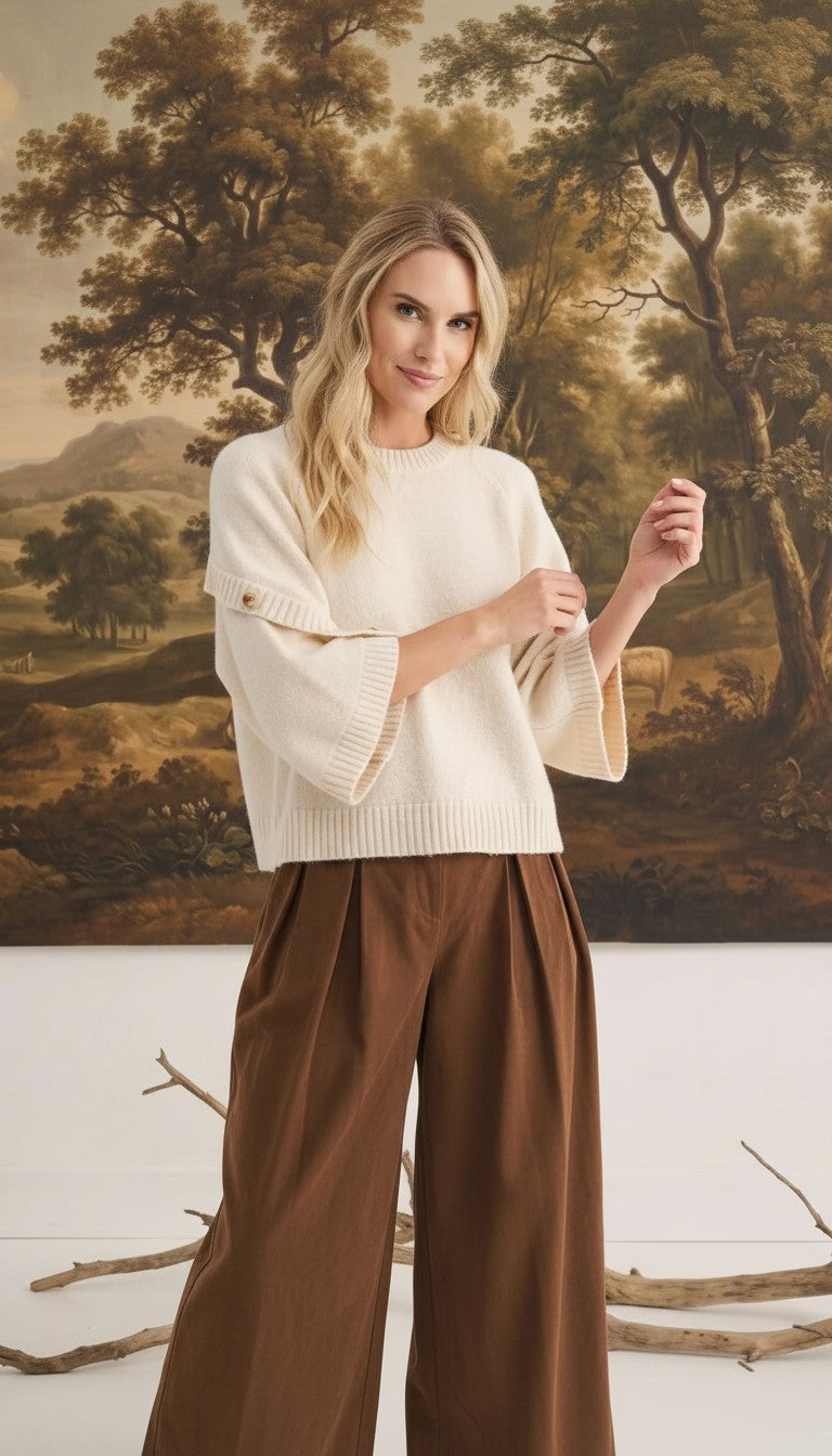 graced The Layla cream knit top with button-detailed sleeves worn by a blonde model in a relaxed fit