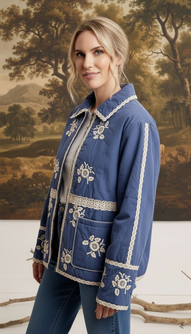 graced The Lea blue cotton jacket featuring white floral embroidery and lace trim details worn by a model