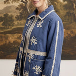 graced The Lea blue cotton jacket featuring white floral embroidery and lace trim details worn by a model