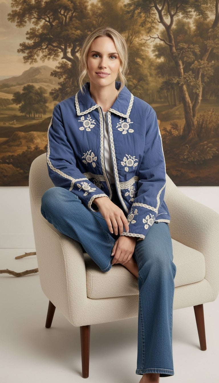 graced The Lea blue cotton jacket with white contrast floral embroidery, worn by a model sitting in a chair.
