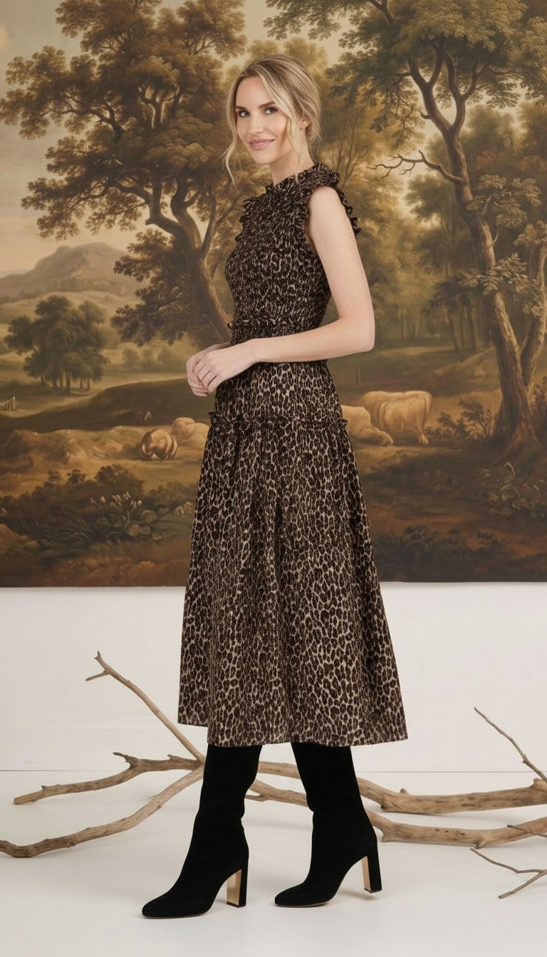 graced Leah sleeveless midi dress in leopard print with smocked waist and ruffled neckline worn by a blonde model