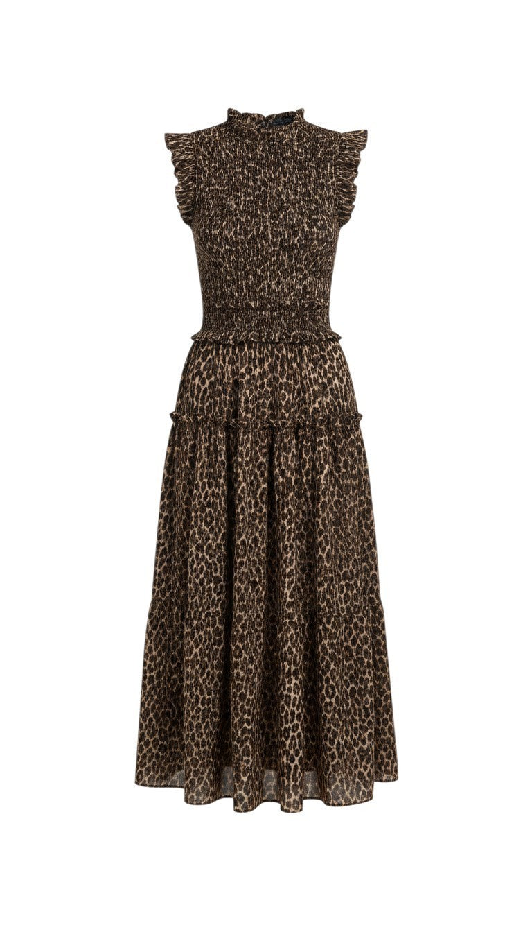 graced The Leah sleeveless midi dress in brown leopard print with a smocked bodice, ruffled shoulders, and tiered skirt