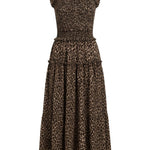 graced The Leah sleeveless midi dress in brown leopard print with a smocked bodice, ruffled shoulders, and tiered skirt