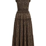 graced The Leah sleeveless midi dress in brown leopard print with a smocked bodice, ruffled shoulders, and tiered skirt