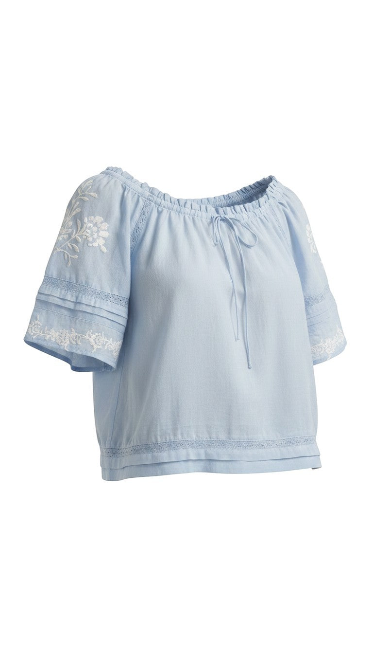 Light blue embroidered raglan short sleeve top by Lovestitch, casual blouse with floral embroidery and relaxed fit.