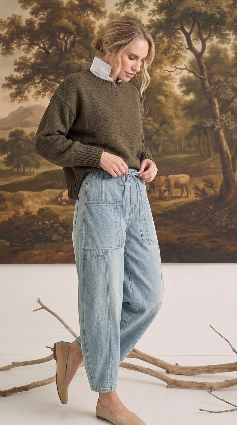 graced soft denim barrel pants in light wash cotton with patch pockets worn by a woman with an olive green sweater