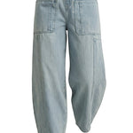 graced light wash denim barrel pants with a relaxed fit, elastic drawstring waist, and large front patch pockets.