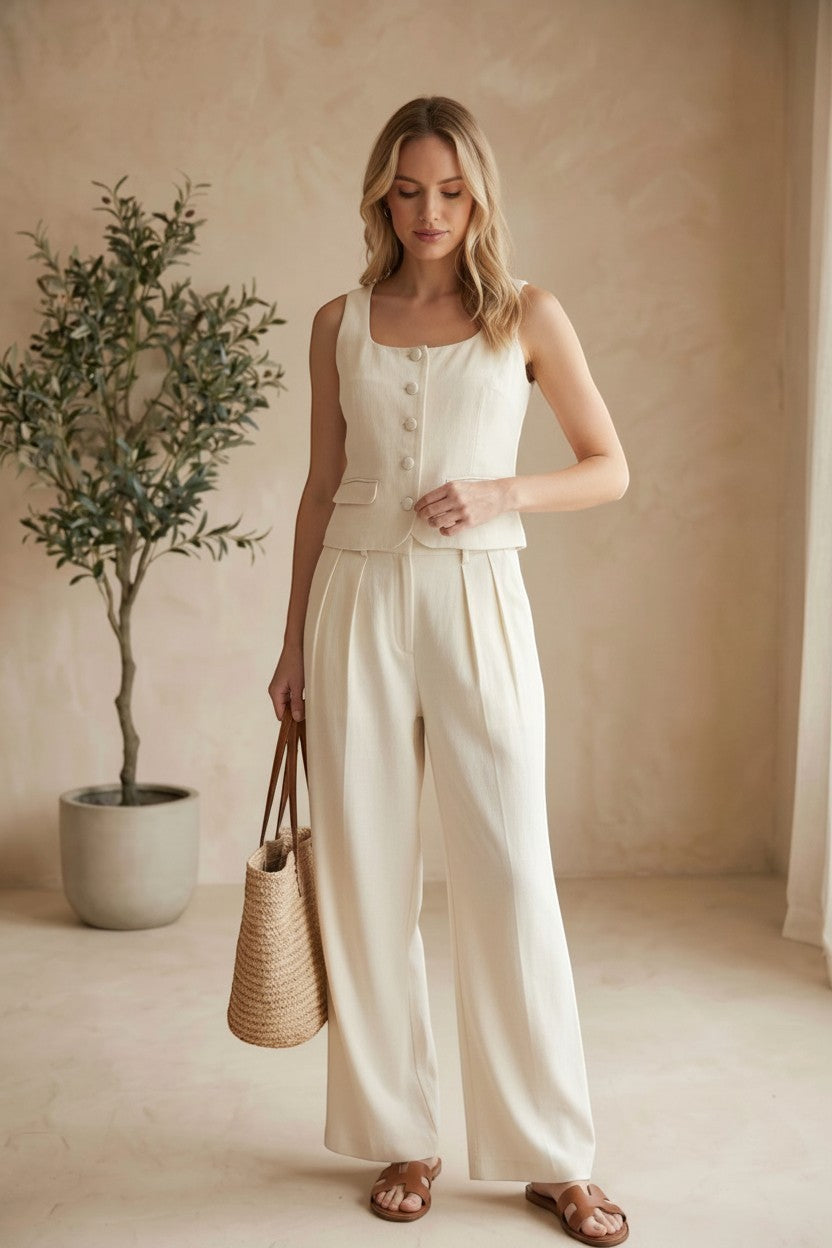 Cream linen button-up top from in february, casual and breathable with a classic collar and front buttons.