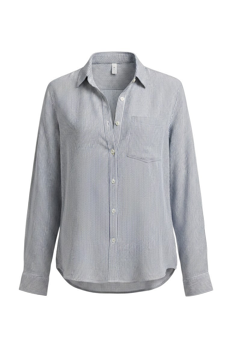 Be Cool linen stripe boxy shirt, a casual tops basic with a relaxed fit and classic striped design, shown in the product image.