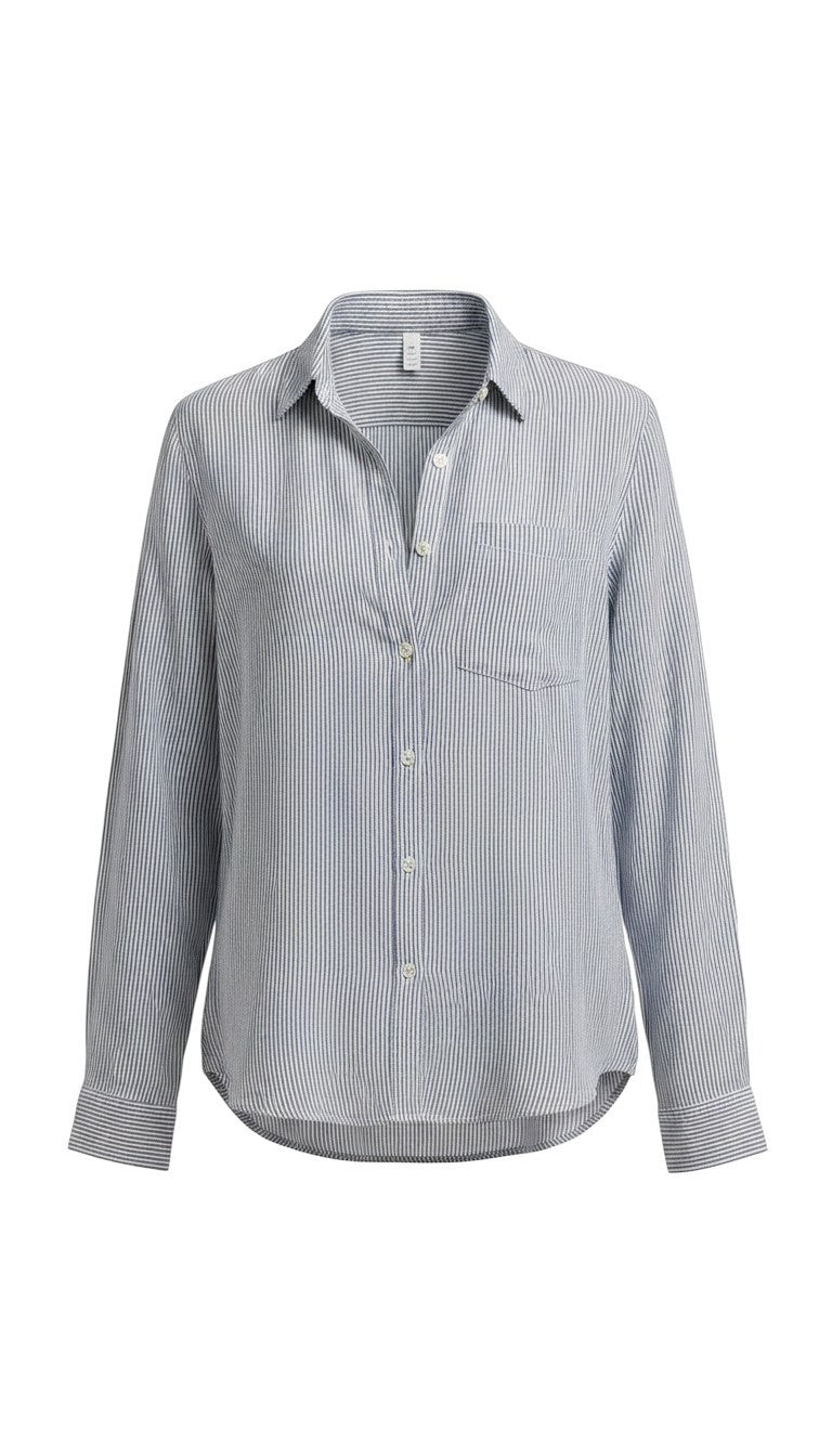 Be Cool linen stripe boxy shirt, a casual tops basic with a relaxed fit and classic striped design, shown in the product image.