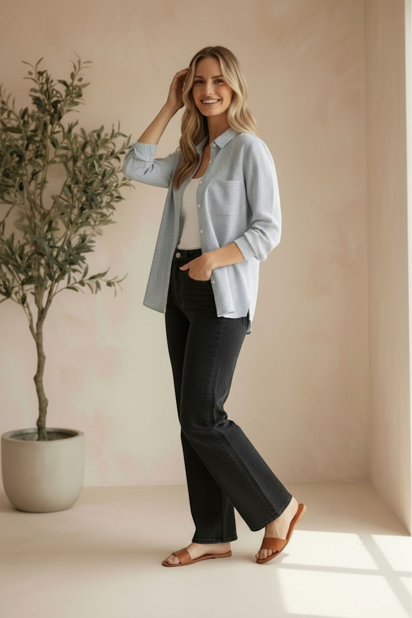 Be Cool linen stripe boxy shirt, a casual top with a relaxed fit and classic stripe pattern, displayed on a hanger.