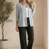 Be Cool Linen Stripe Boxy Shirt, a lightweight top with horizontal stripe pattern and relaxed fit, displayed on a hanger.