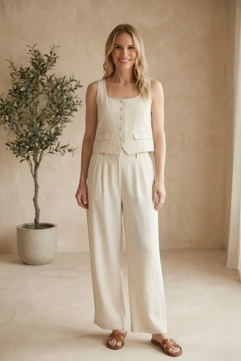 graced cream linen blend wide-leg trouser pants with a tailored silhouette and pleats