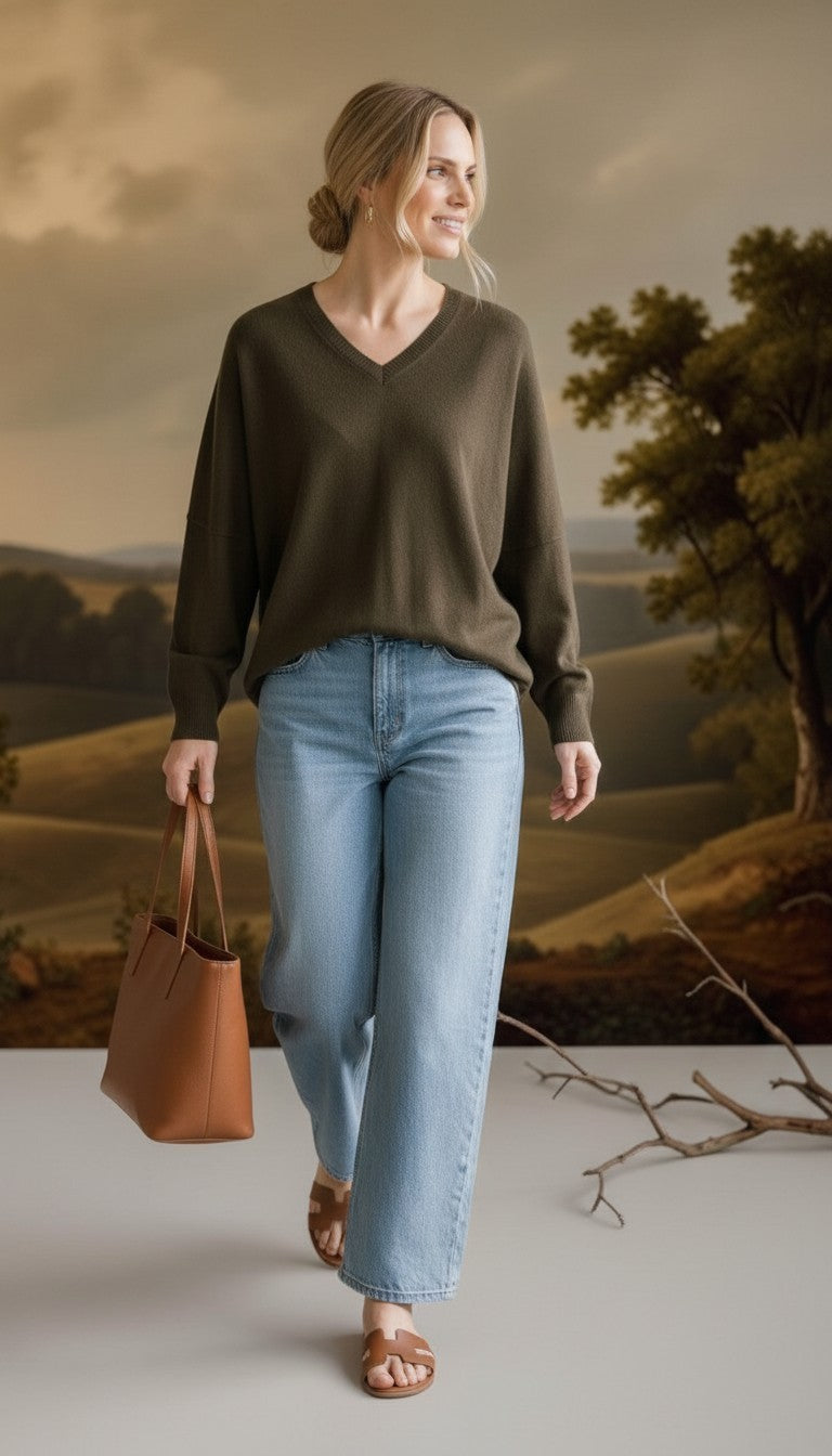 graced Lyn espresso V-neck sweater with batwing sleeves worn by a woman with light blue jeans and a brown tote bag