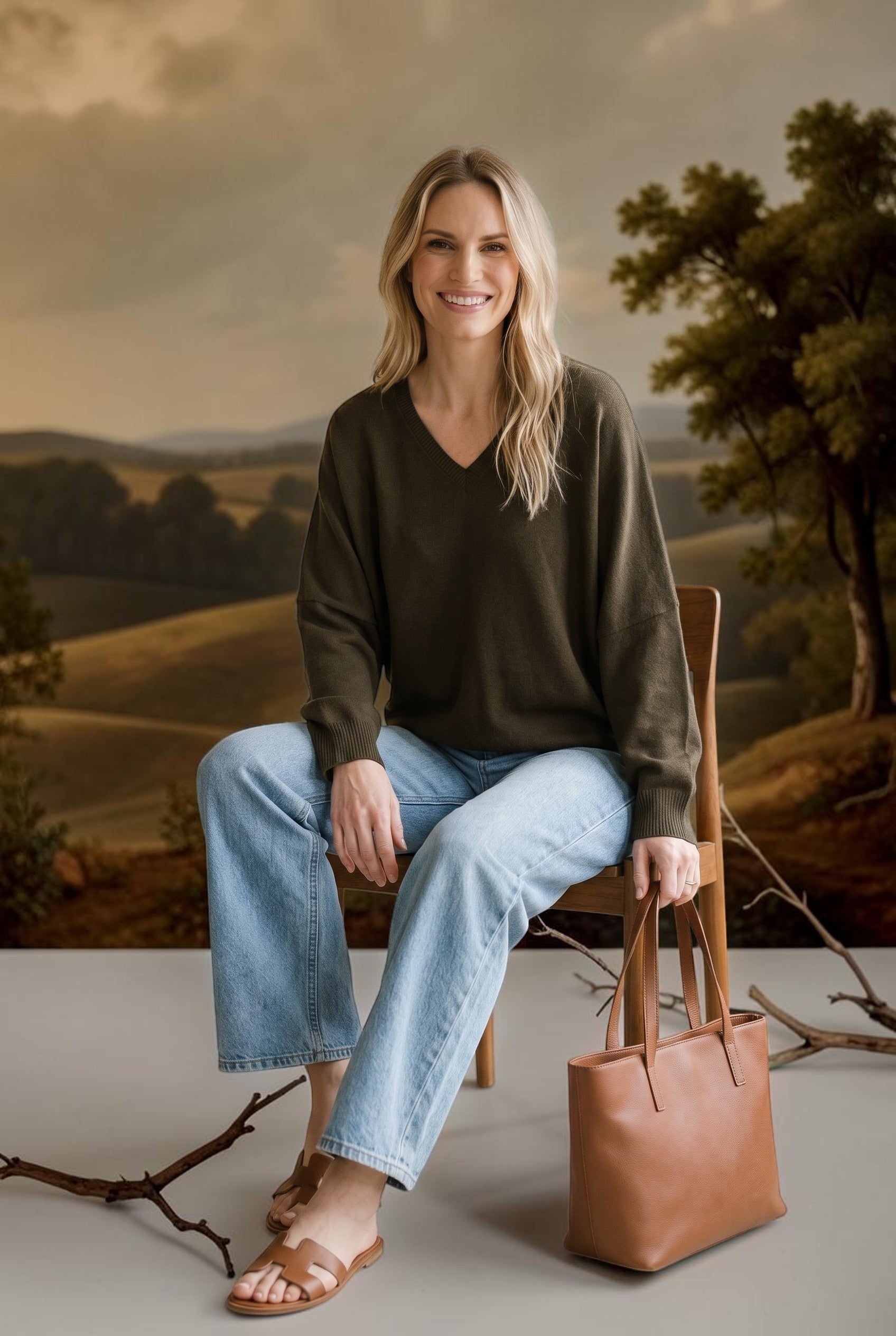 graced Lyn espresso brown V-neck sweater with batwing sleeves worn by a woman with light wash jeans and sandals