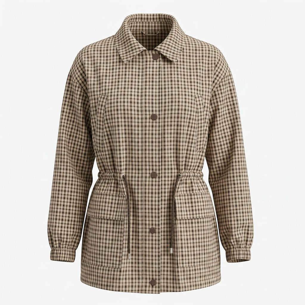 graced The Macy Mock Neck Jacket in a brown and beige checkered pattern with a drawstring waist and button front.