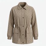 graced The Macy Mock Neck Jacket in a brown and beige checkered pattern with a drawstring waist and button front.