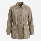 graced The Macy Mock Neck Jacket in a brown and beige checkered pattern with a drawstring waist and button front.